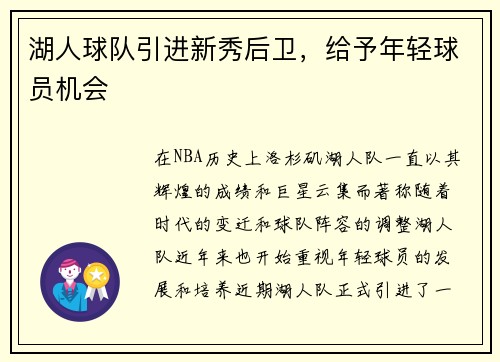 湖人球队引进新秀后卫，给予年轻球员机会