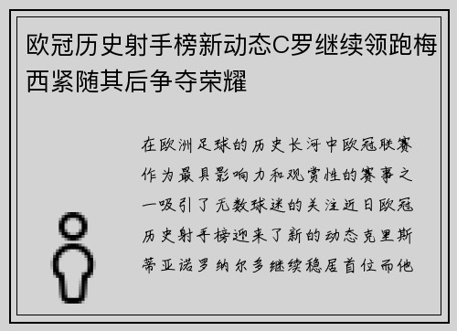 欧冠历史射手榜新动态C罗继续领跑梅西紧随其后争夺荣耀