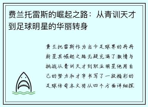 费兰托雷斯的崛起之路：从青训天才到足球明星的华丽转身