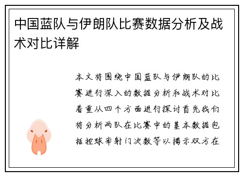 中国蓝队与伊朗队比赛数据分析及战术对比详解