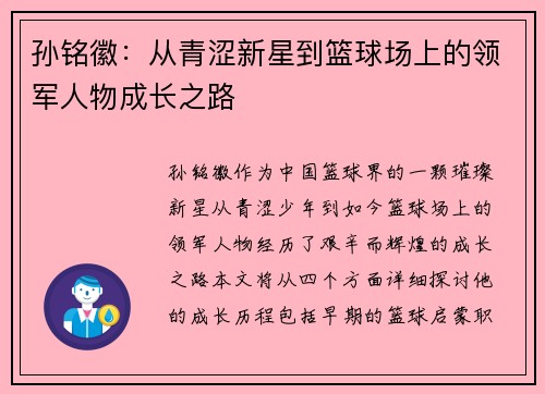 孙铭徽：从青涩新星到篮球场上的领军人物成长之路