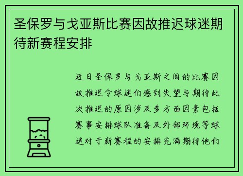 圣保罗与戈亚斯比赛因故推迟球迷期待新赛程安排