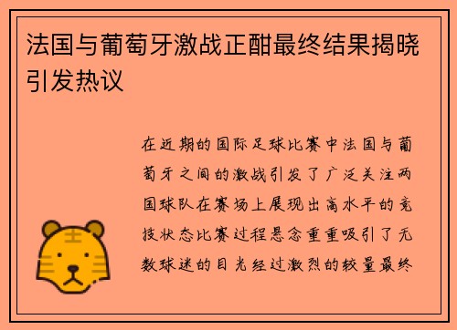 法国与葡萄牙激战正酣最终结果揭晓引发热议