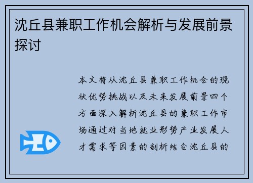 沈丘县兼职工作机会解析与发展前景探讨
