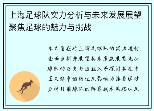 上海足球队实力分析与未来发展展望聚焦足球的魅力与挑战