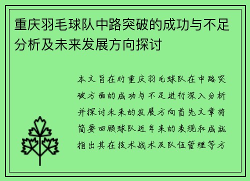 重庆羽毛球队中路突破的成功与不足分析及未来发展方向探讨