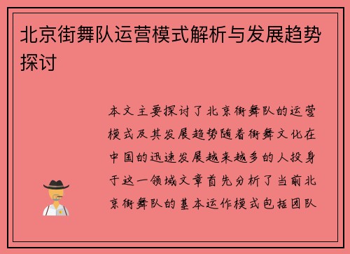北京街舞队运营模式解析与发展趋势探讨