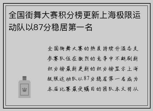 全国街舞大赛积分榜更新上海极限运动队以87分稳居第一名