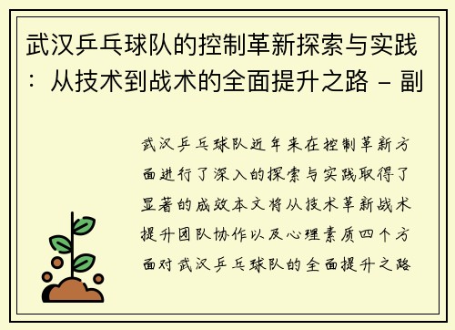 武汉乒乓球队的控制革新探索与实践：从技术到战术的全面提升之路 - 副本