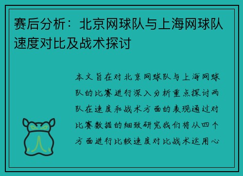 赛后分析：北京网球队与上海网球队速度对比及战术探讨